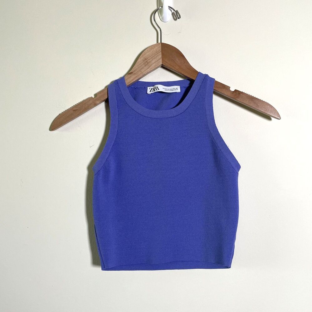 Zara Women's Purplish Blue Crew Neck Sleeveless Pullover Cropped Tank Top Sz XS